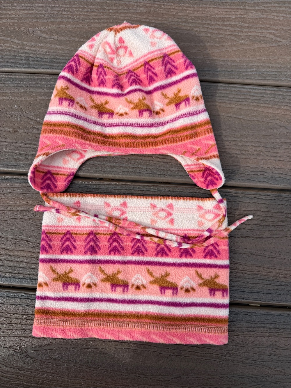 Kids Pink Patterned Fleece Earflap Hat and Neck Warmer Set